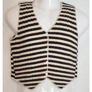 VTG Boho Retro Vest Red Green Black Cream 19L 18C 13S S/M Cropped V- Neck Button